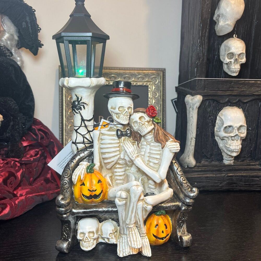 Goulish Halloween LED Light Up Skeleton Couple on Bench